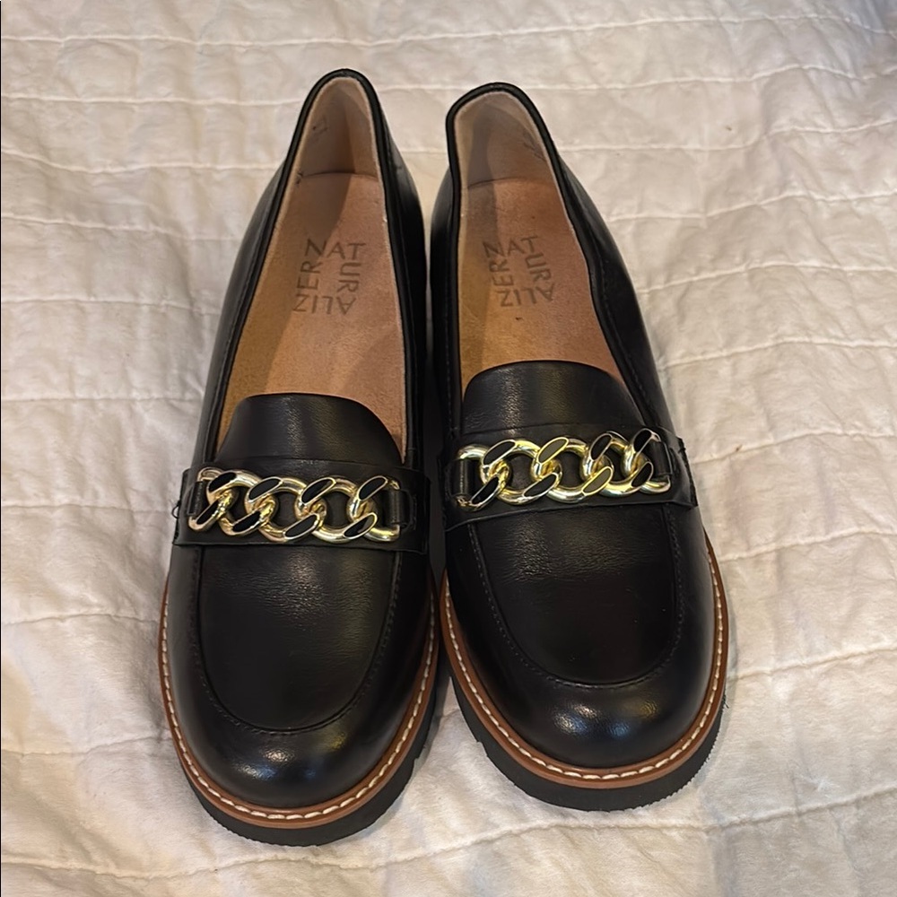 Naturalizer Black Loafers with Gold Chain Accent